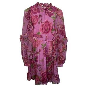 BANJANAN Pink Lila Rose Butterfly Mock Neck Silk Dress Ruffle Barbiecore h17